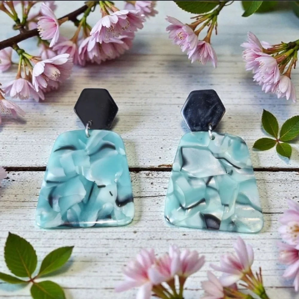 Aqua and Black Geometric Earrings